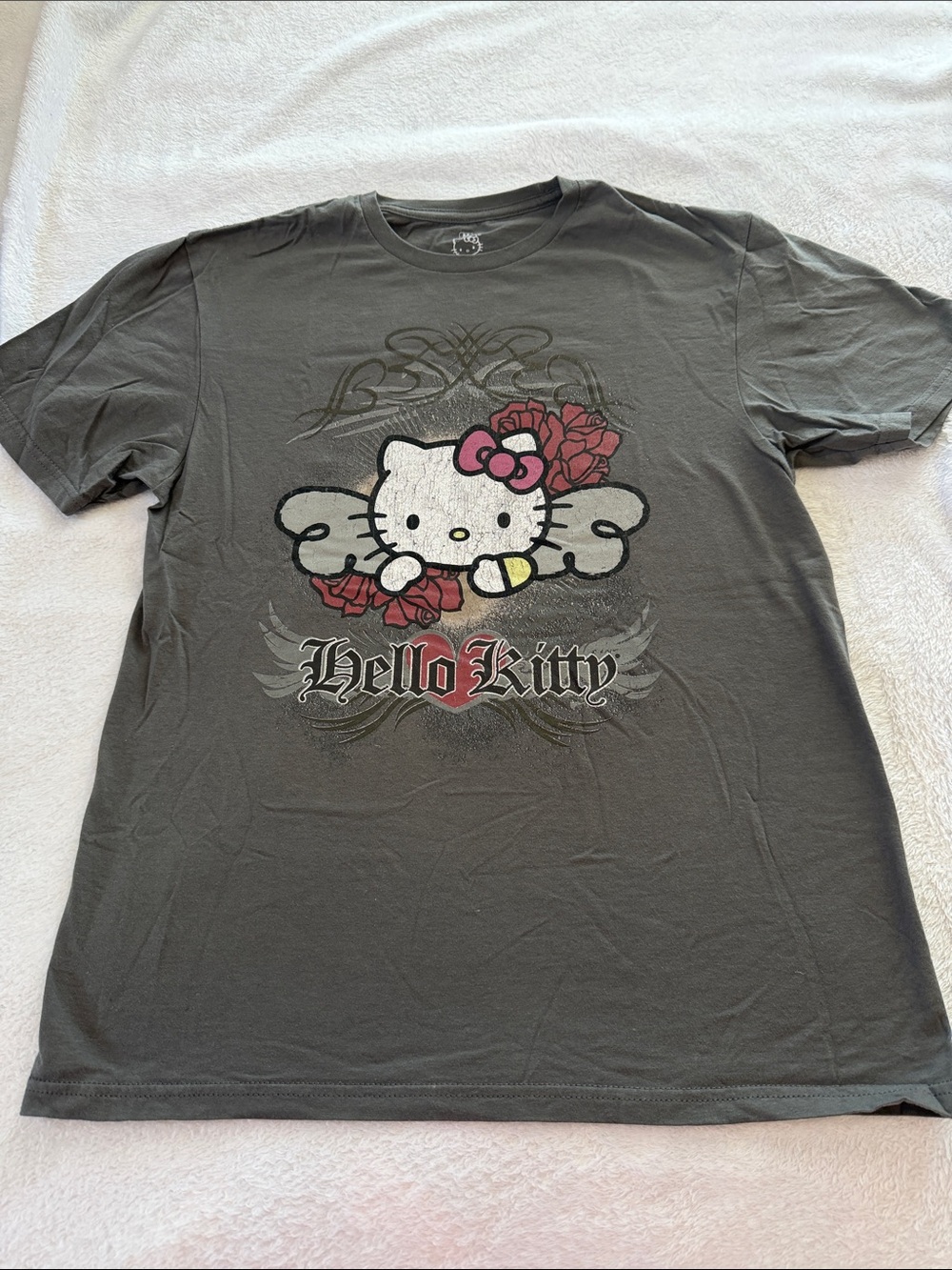 Hello Kitty Gray Tee with Pink Bow and Red Rose Accents